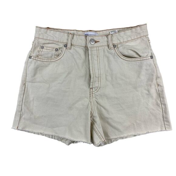 Zara Size 8 Cream Button Fly Denim High Rise Cut Off Shorts - Picture 1 of 8